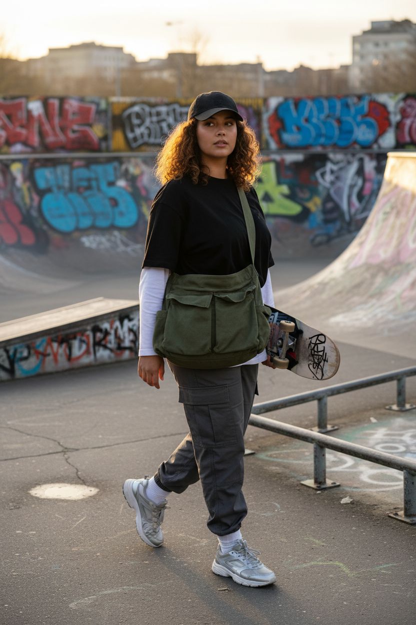 GAXOS vintage green messenger bag in urban skate-park setting, perfect for casual outings.
