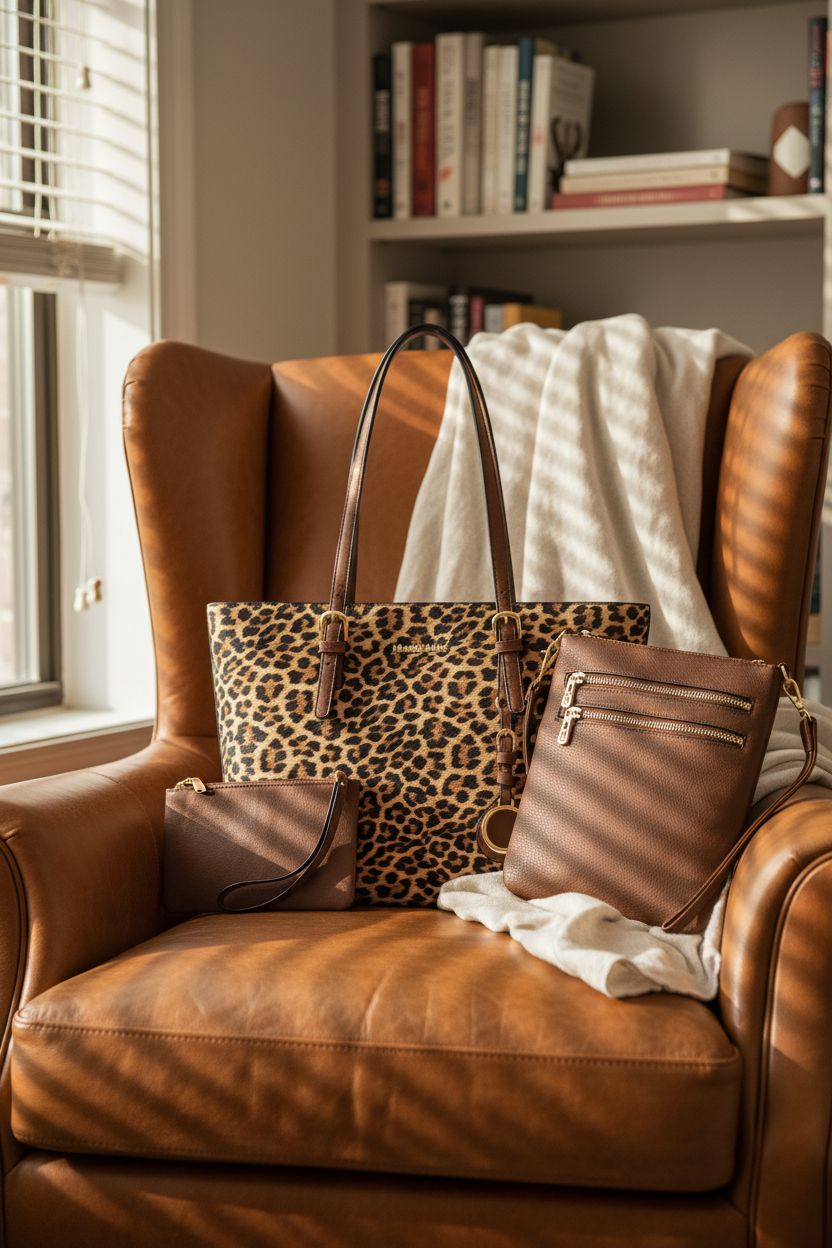 Montana West leopard print tote resting on a leather armchair in a warm reading nook