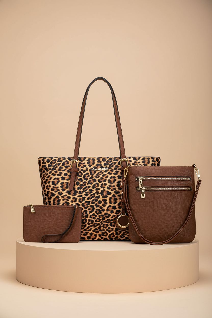 Montana West leopard print tote bag displayed against an almond backdrop, showcasing its details