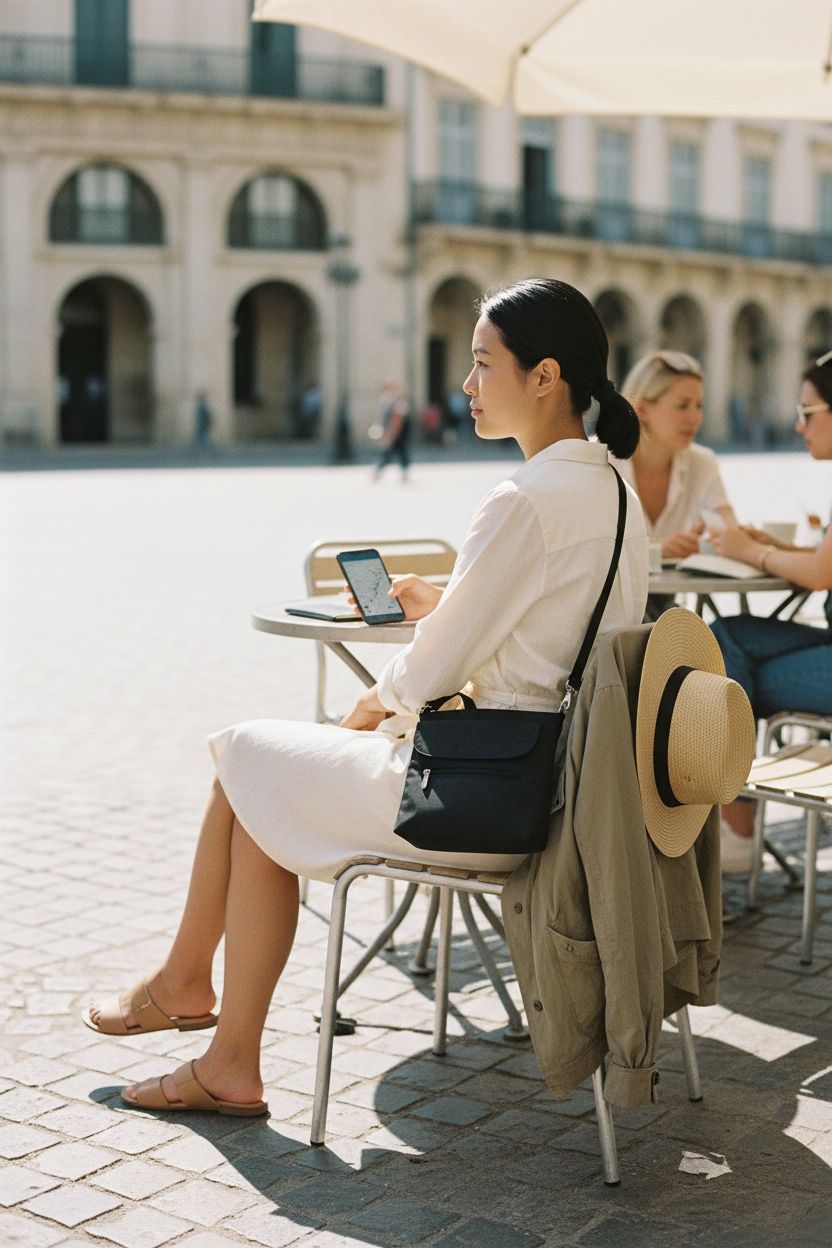 Travelon anti-theft crossbody bag in a sunlit café setting with a stylish outfit.