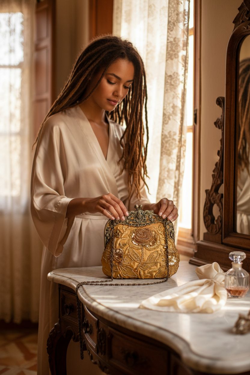 Belsen antique beaded purse beside an ivory silk scarf and perfume on a marble vanity, capturing vintage charm.