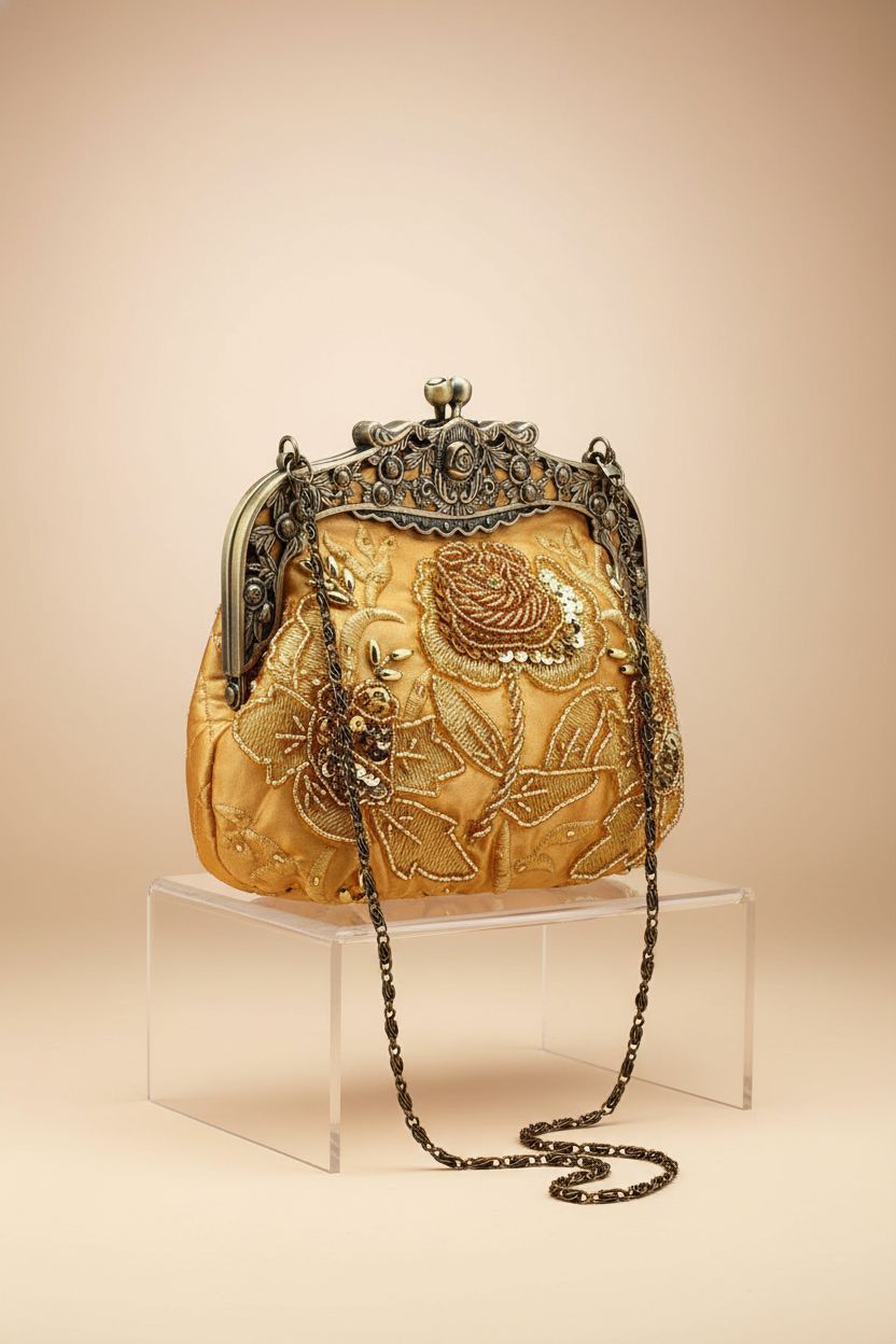 Detailed view of Belsen antique beaded purse showcasing exquisite beadwork and elegant design on ivory background.