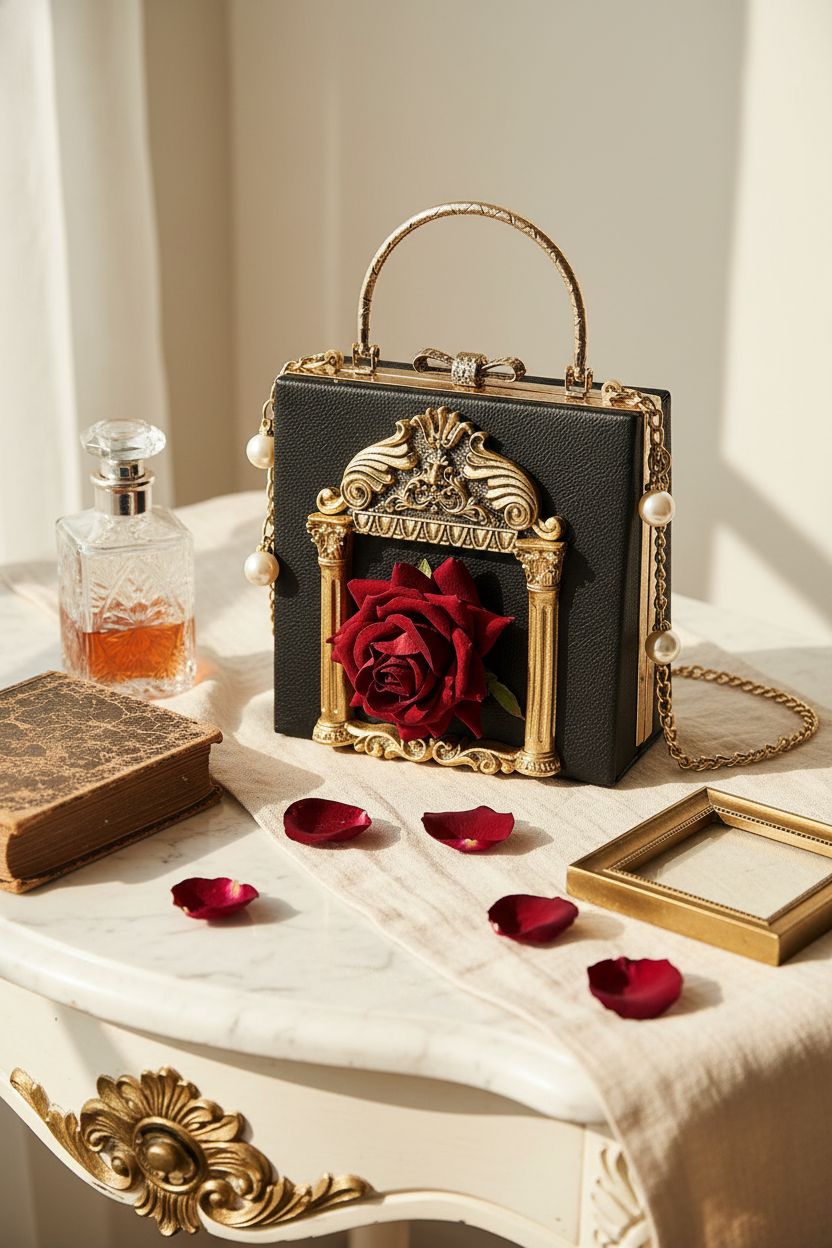 QZUnique floral evening bag on a vintage vanity with perfume bottle and rose petals
