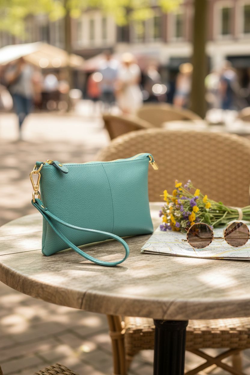 Beurlike teal wristlet on a café table with flowers and map, showcasing its elegant design.