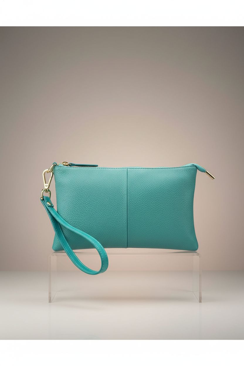Beurlike teal leather purse on display, highlighting its pebbled texture and gold accents.