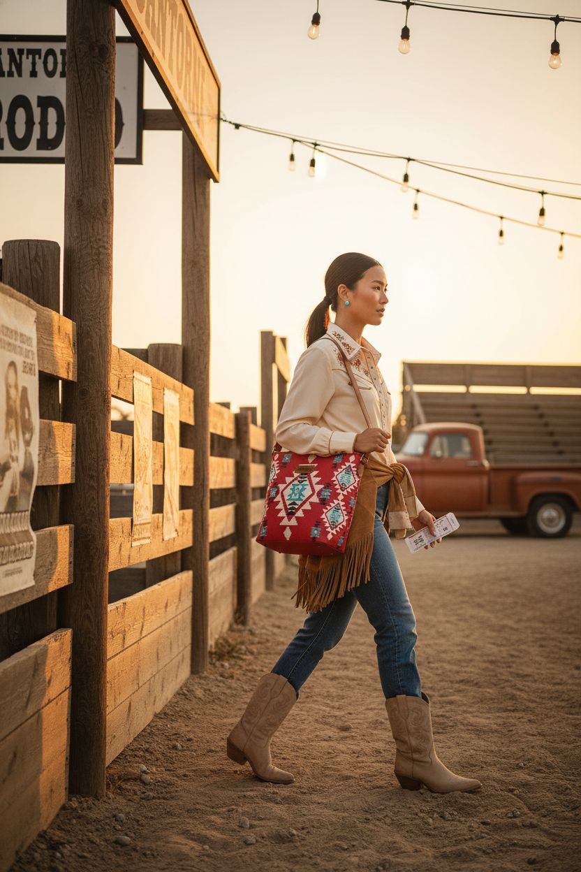 Wrangler Western Hobo Bag in red and turquoise Aztec design by Montana West at a rodeo entrance.