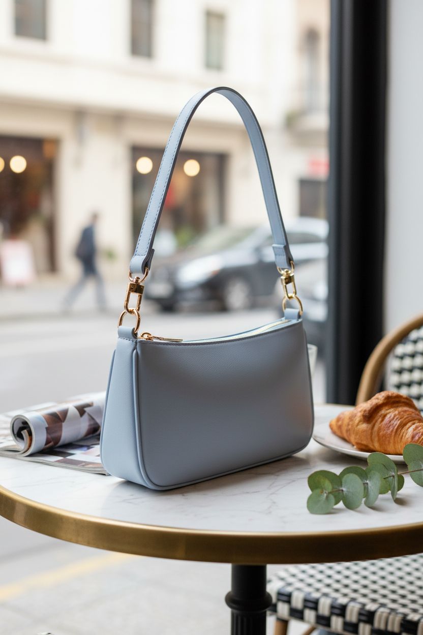 NIUEIMEE ZHOU baby blue purse elegantly displayed on a marble café table with stylish props.