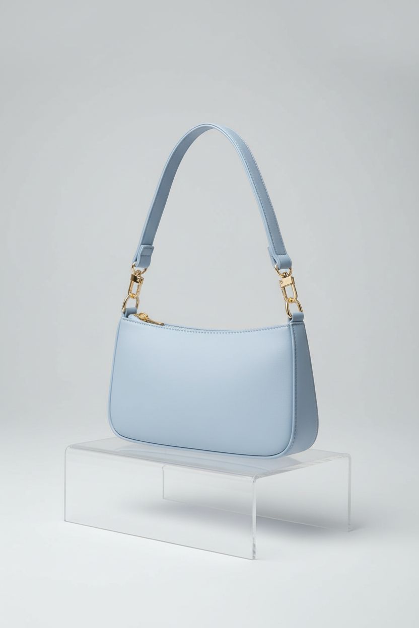 NIUEIMEE ZHOU baby blue hobo bag highlighted in a clean studio setup showcasing vegan leather.