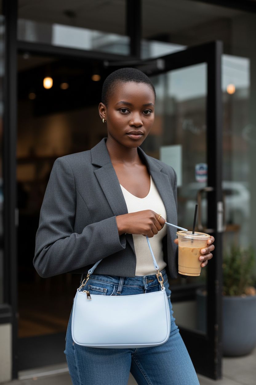 NIUEIMEE ZHOU baby blue purse with zipper closure showcased against a chic café setting.