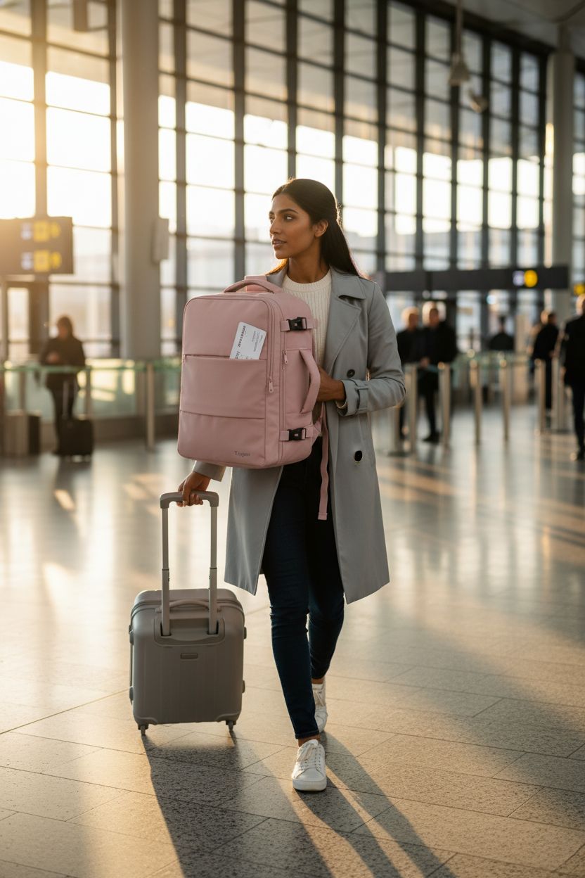 Taygeer stylish pink backpack at Zurich airport, with boarding pass peeking from front pocket