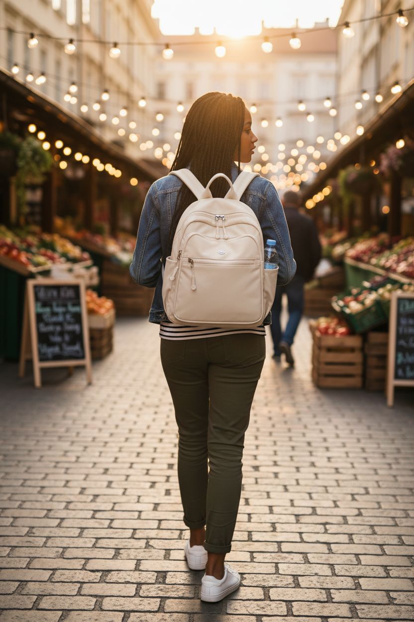 Lazonedy cream nylon backpack purse featured at a vibrant street market, perfect for casual outings and travel.