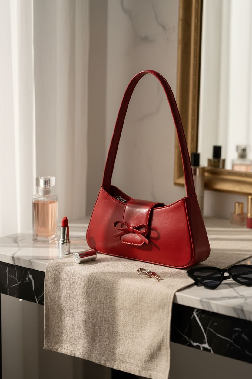 GETERUUV baddie purse placed on a glam vanity with perfume and lipstick, ready for a night out.