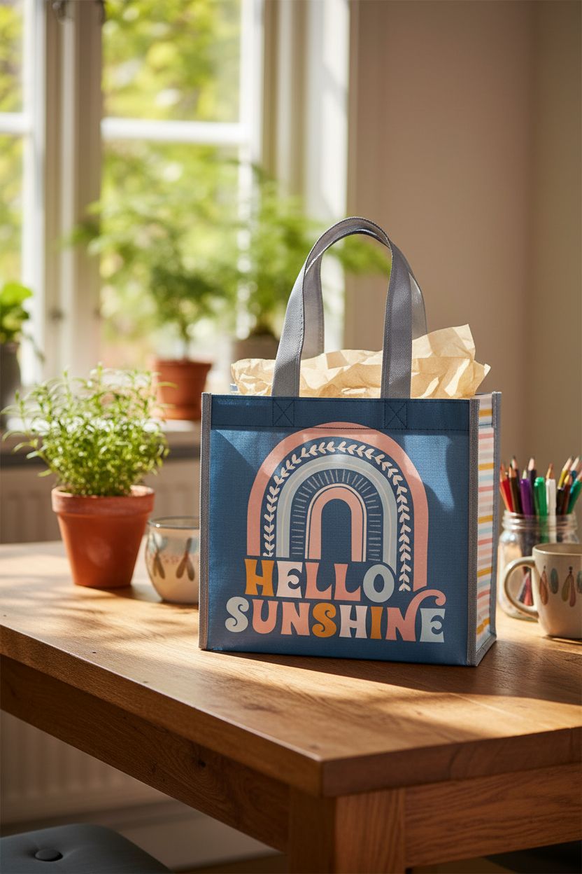 Blue recycled gift bag on reclaimed oak table with greenery and ceramics, by Karma.