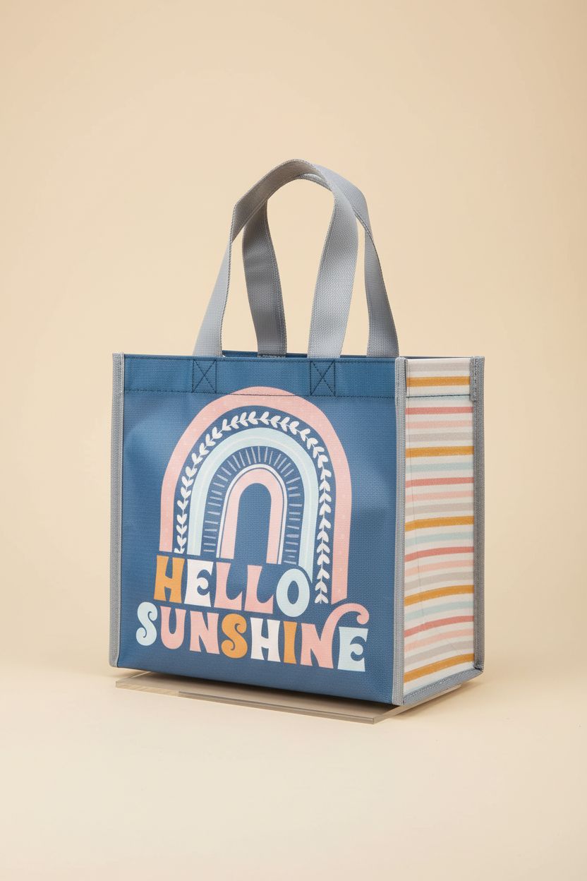 Front view of blue recycled gift bag with 'HELLO SUNSHINE' on a pale backdrop, by Karma.