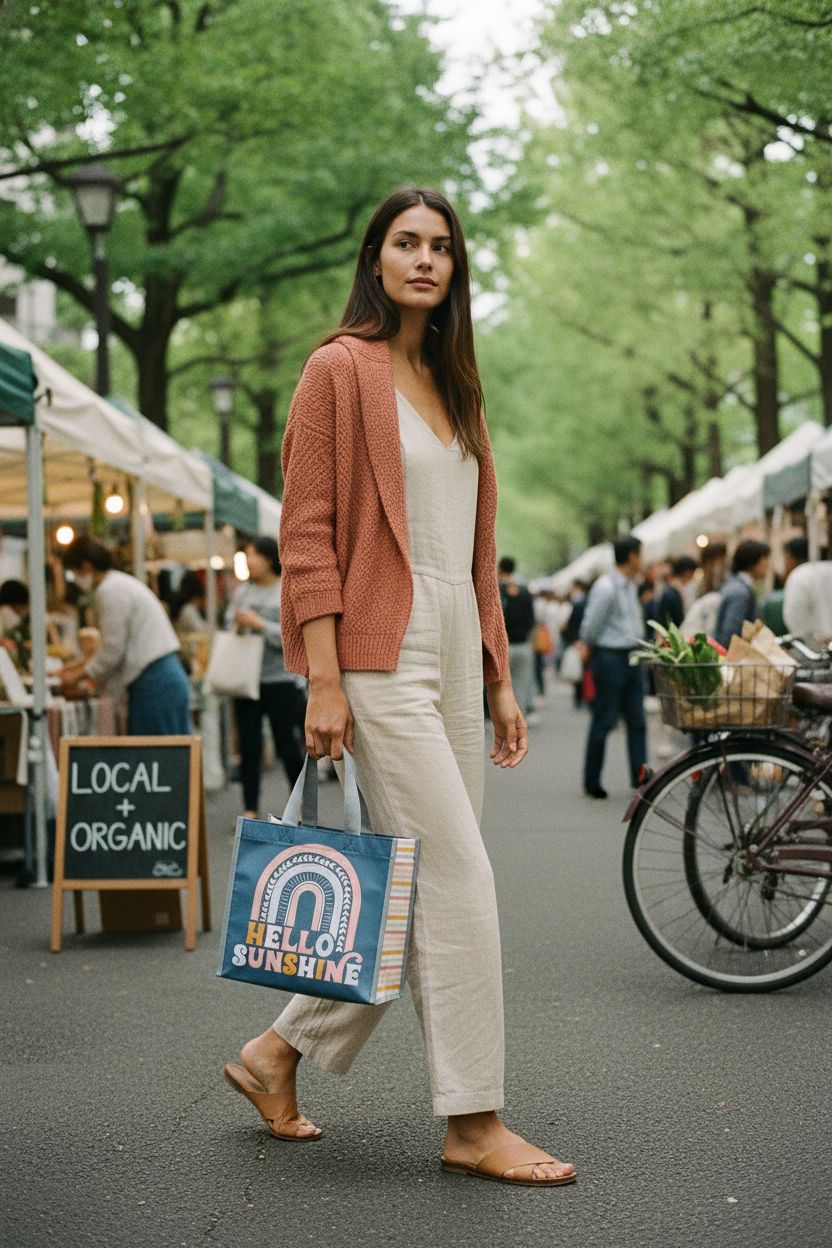Colorful blue recycled gift bag with 'HELLO SUNSHINE' text at a farmers' market, by Karma.