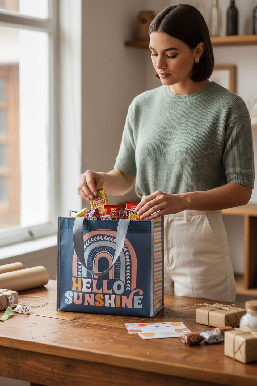 Blue recycled gift bag filled with snacks at a cozy gift-wrapping station, by Karma.