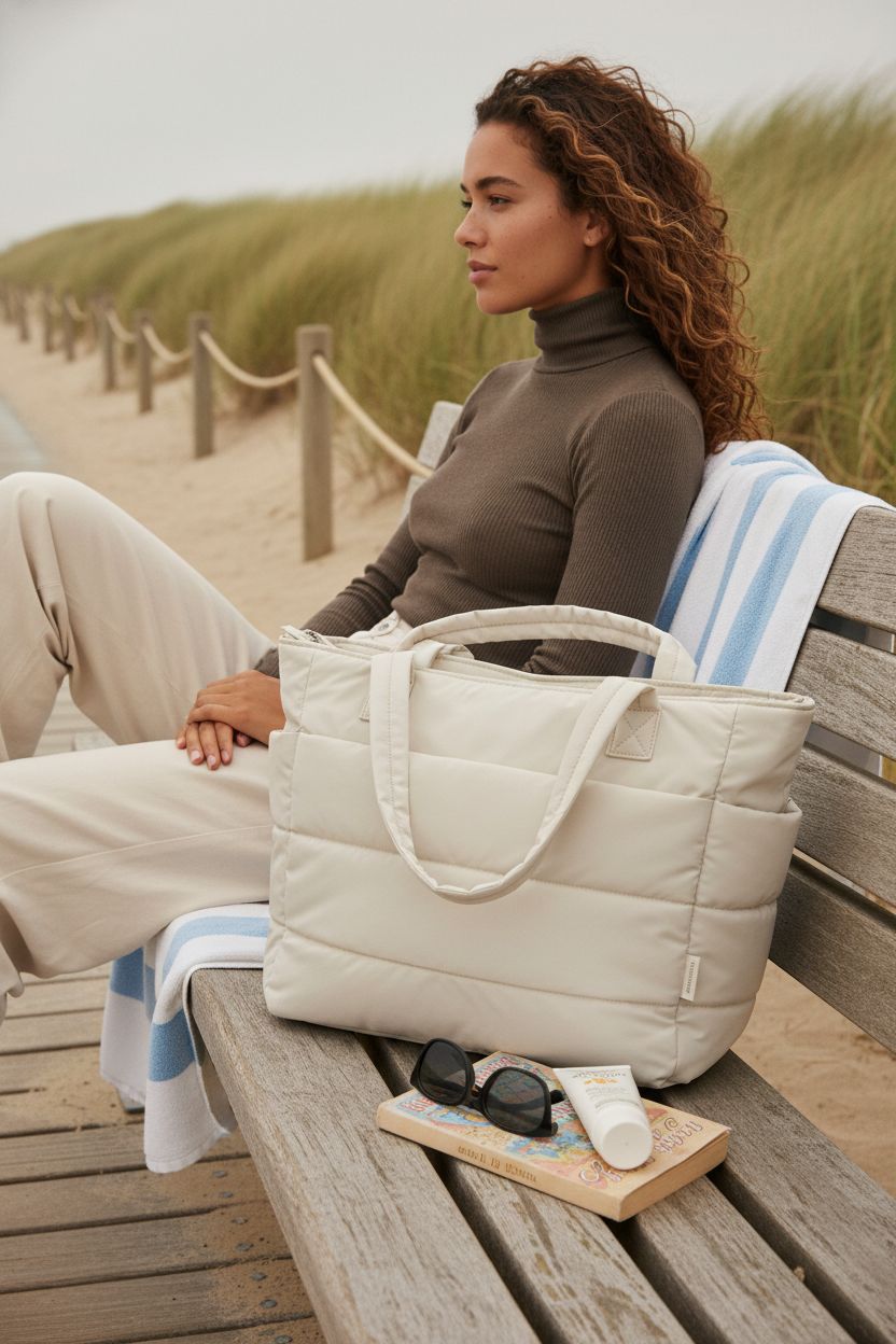 BAGSMART beige tote bag beside sunglasses and a book on a beach boardwalk, ideal for relaxation