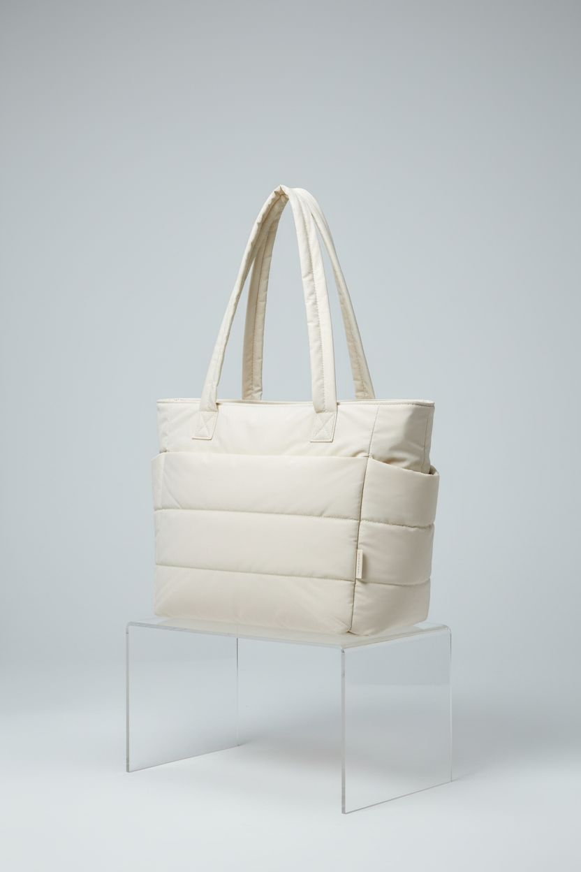 BAGSMART beige quilted tote bag showcased in a studio, highlighting its stylish design