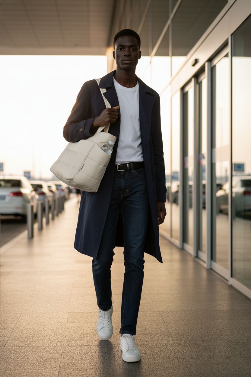 BAGSMART beige quilted puffy tote bag on shoulder at airport curb, perfect for travel