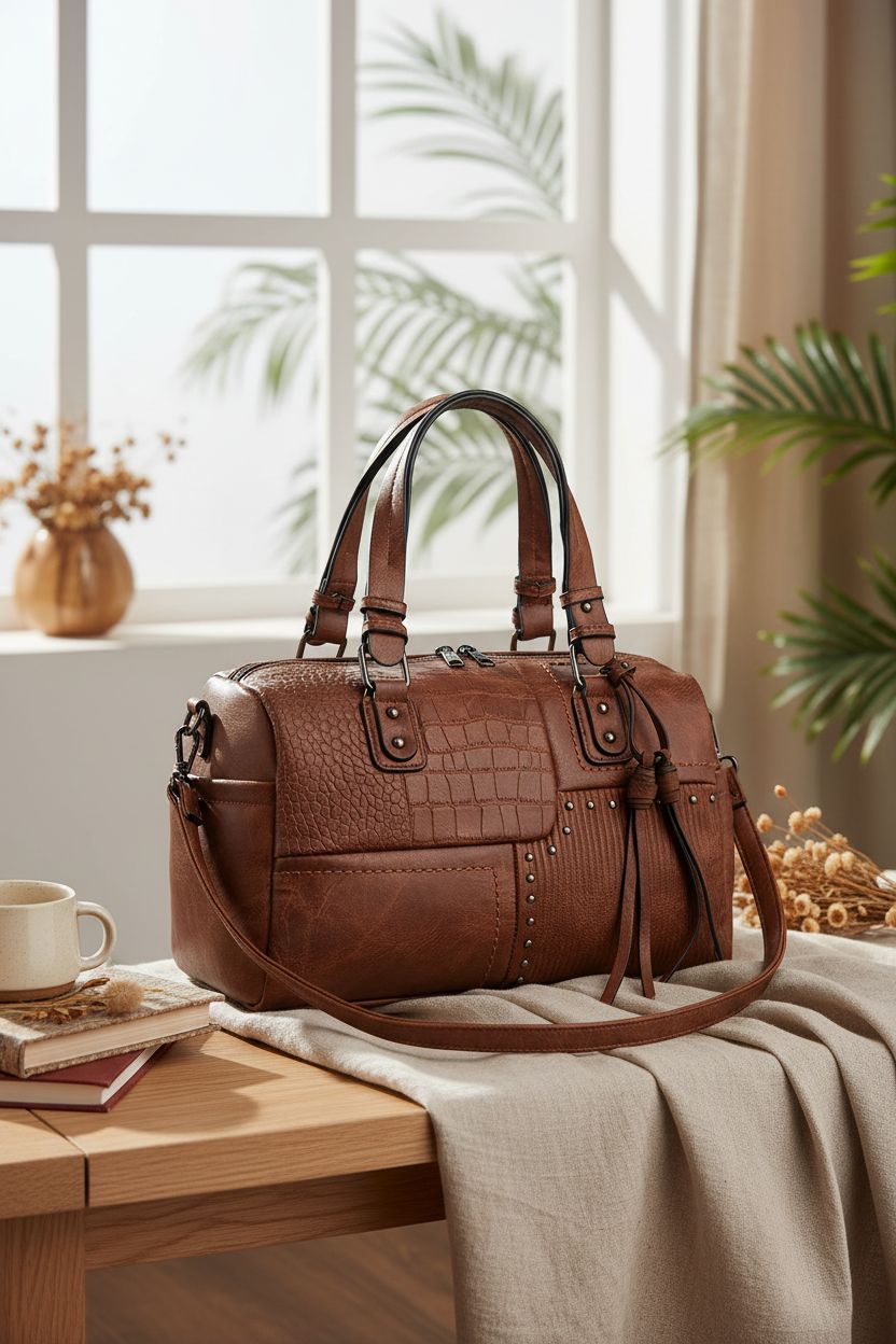 Dasein barrel purse resting beside books and a mug in a cozy reading nook, highlighting its design.