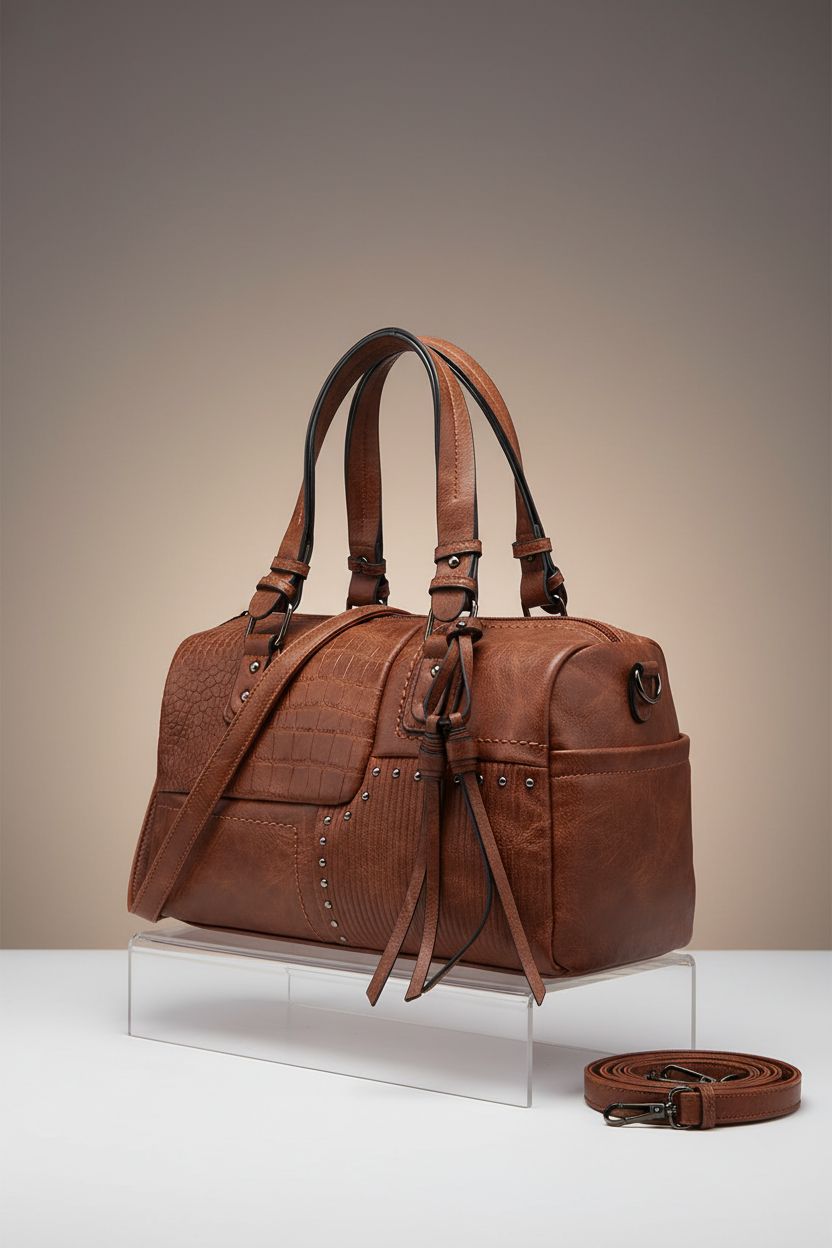 Dasein vegan leather barrel purse displayed on an acrylic riser, showcasing its elegant silhouette.