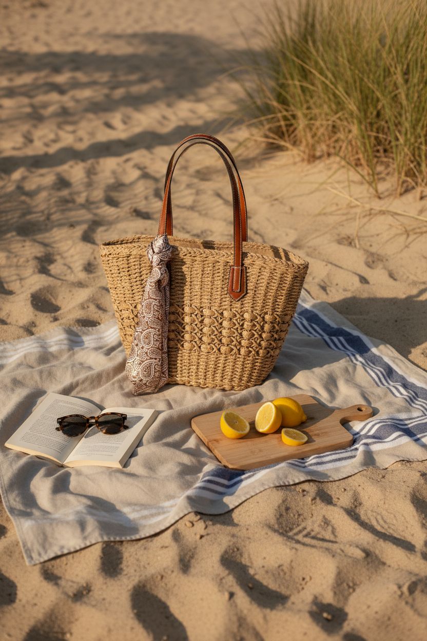 Trifabricy straw tote bag with leather handles at a seaside picnic on soft sand.