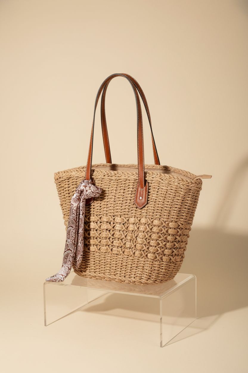 Trifabricy woven straw tote bag on an acrylic riser, highlighting its elegant design and textures.