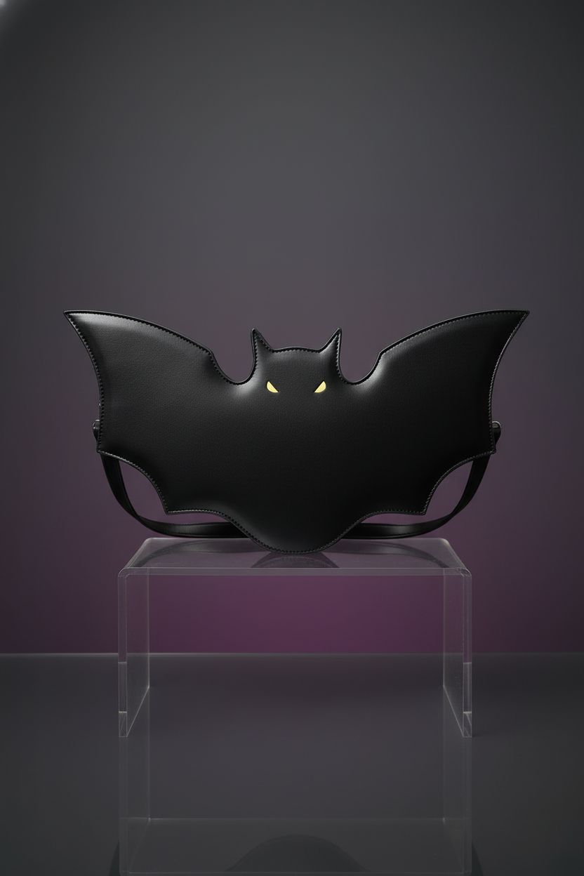 Stylish bat purse by Winatehr showcased on a matte acrylic riser with detailed craftsmanship.