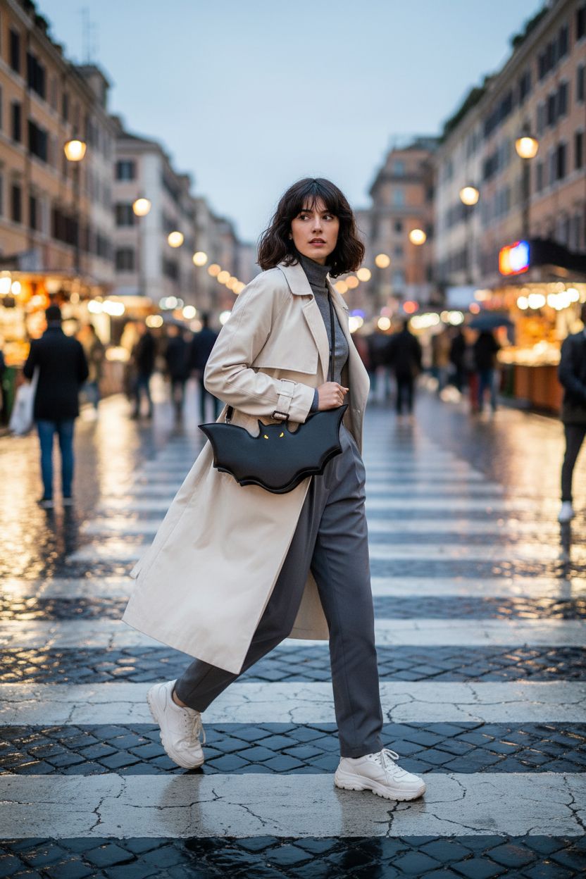 Trendy crossbody bat purse by Winatehr shining under neon lights in an urban street.