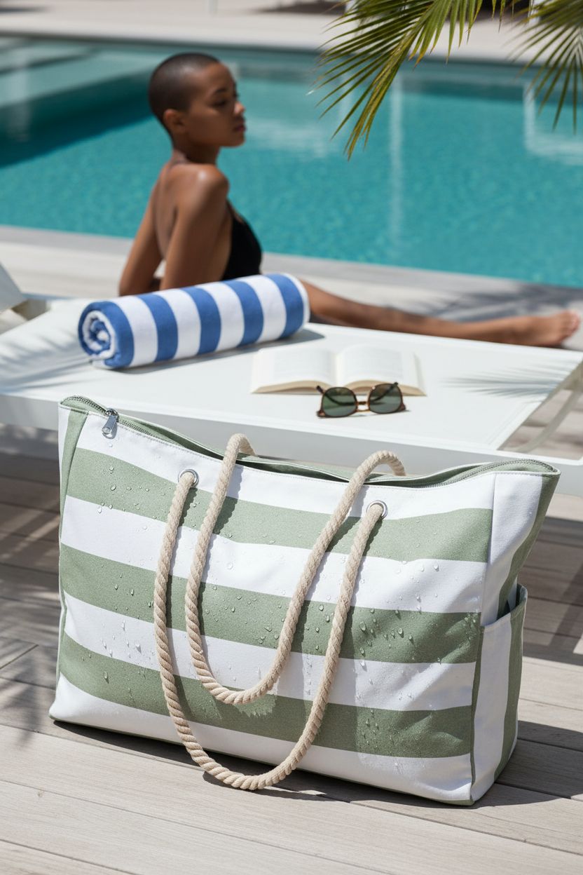 Becokan beach tote beside a chaise lounge at a boutique hotel pool, reflecting leisure vibes