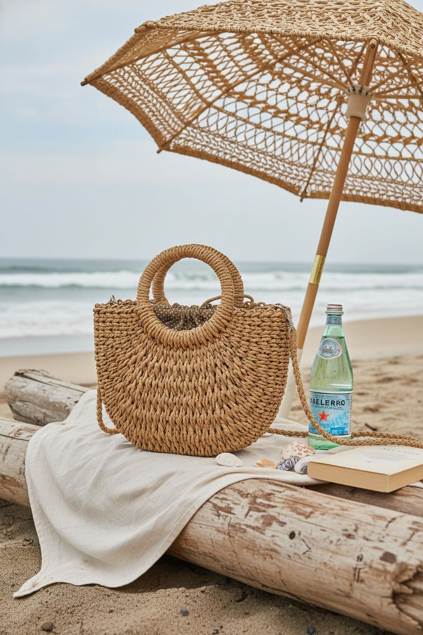 FENBEN woven straw bag featured in a serene beach picnic setting with seashells and water.