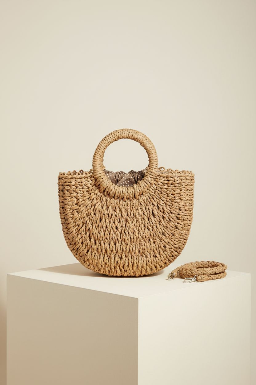 FENBEN straw shoulder bag showcased in a clean studio setting, highlighting its intricate weave.