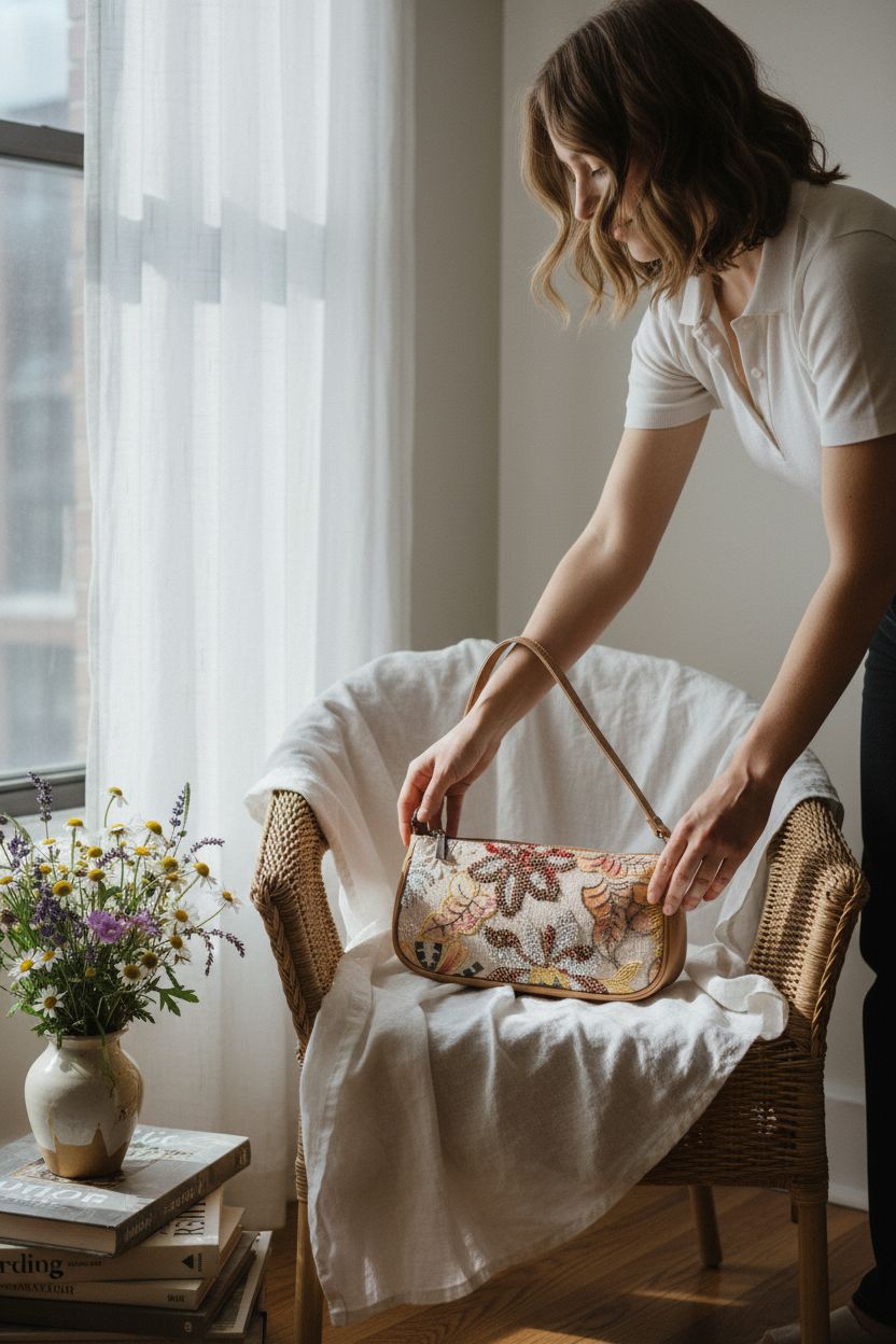 Verdusa beaded floral baguette in a sunlit apartment, showcasing intricate beadwork and sequins.