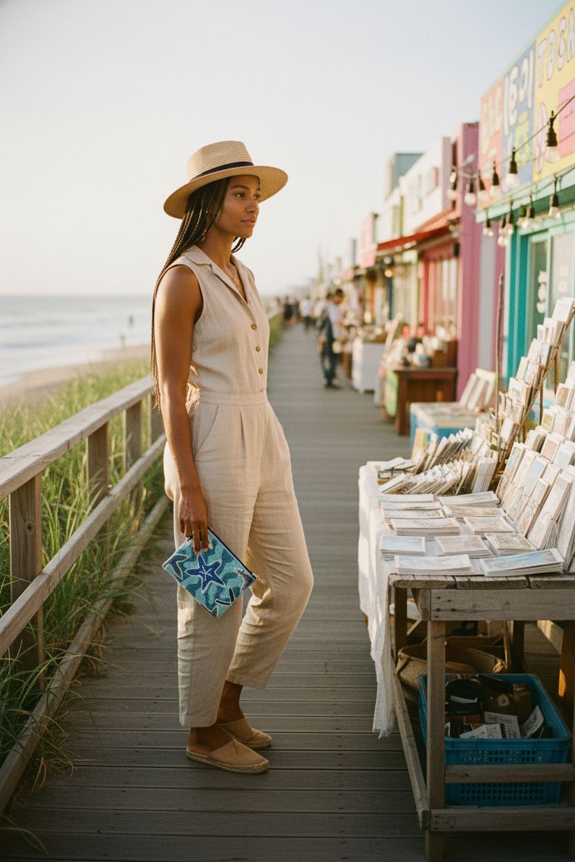 Blue teal beaded starfish coin purse held on a coastal boardwalk, Bamboo Trading