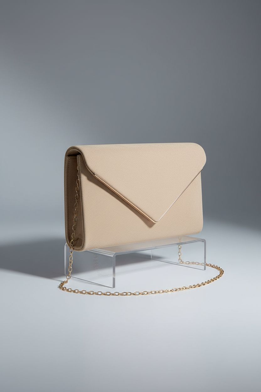 BBjinronjy beige envelope bag showcased on a gray seamless background with suede texture.