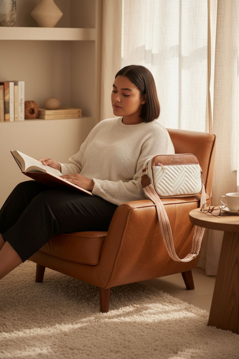 BOSTANTEN beige quilted crossbody bag resting on a chair in a cozy reading nook.