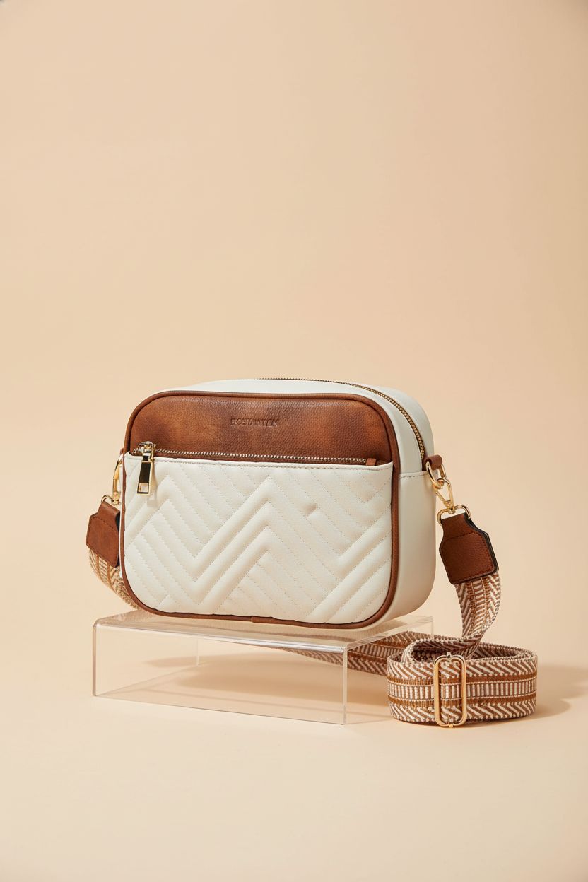 Product shot of BOSTANTEN beige quilted crossbody bag showcasing vegan leather details.