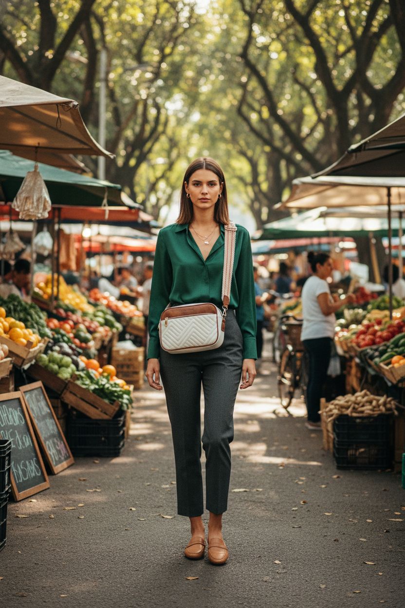 BOSTANTEN beige quilted crossbody bag swinging at hip height in a market setting.