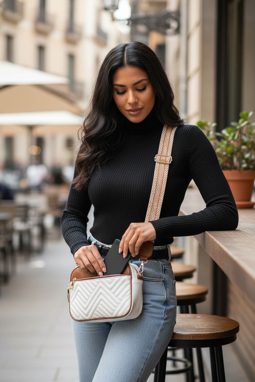 BOSTANTEN beige crossbody bag with wide strap, perfect for quick access at a cafe.
