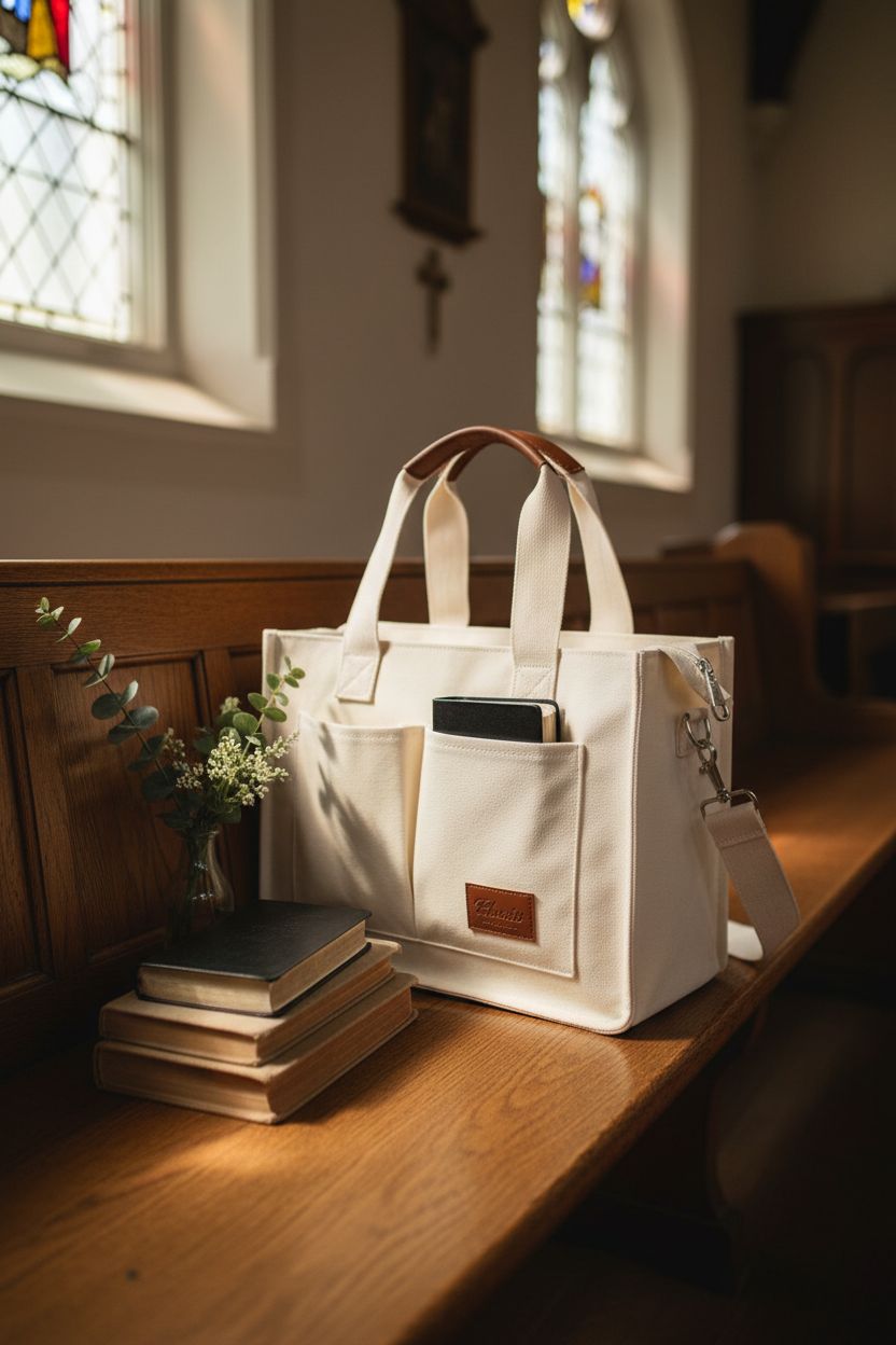 KKXIU canvas tote bag resting on oak pew next to hymnals, showcasing its elegant design.