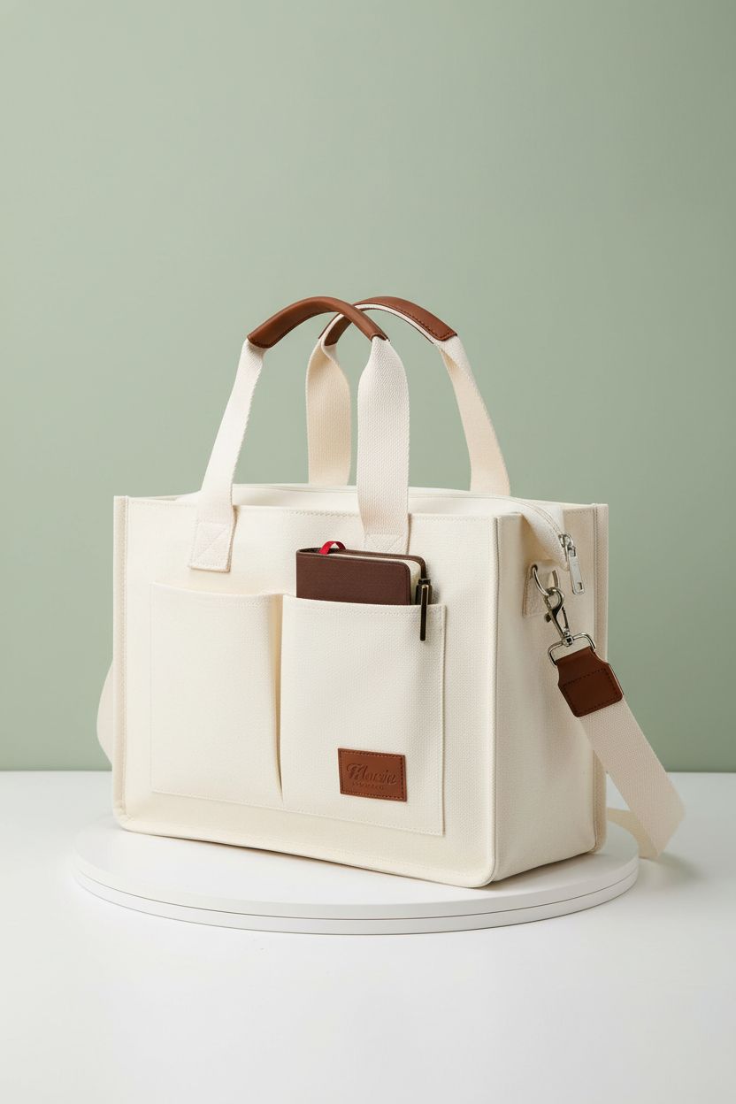 KKXIU large beige tote bag displayed with a closed Bible and pen, highlighting its quality.