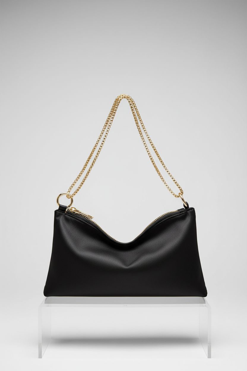 oscaurt black satin purse showcased on light gray background, highlighting premium design.