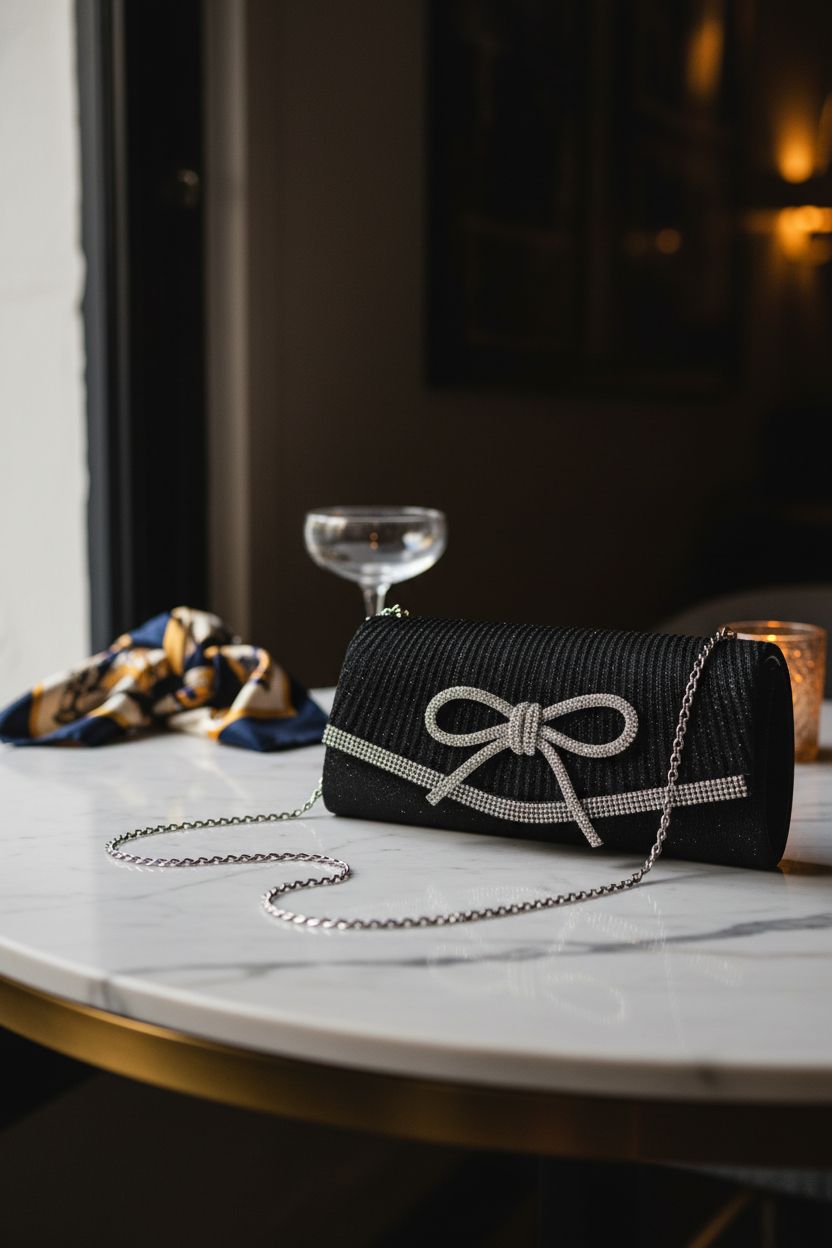 Trisapu black clutch purse displayed on marble with a silk scarf, highlighting its glittery rhinestone details.
