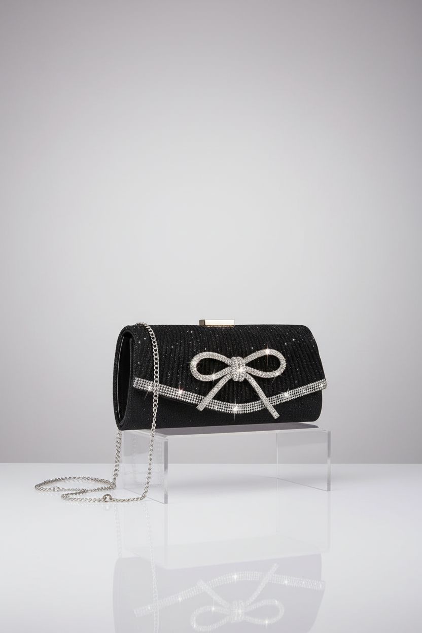 Trisapu black and silver purse showcasing the sleek design and rhinestone bow on a studio backdrop.