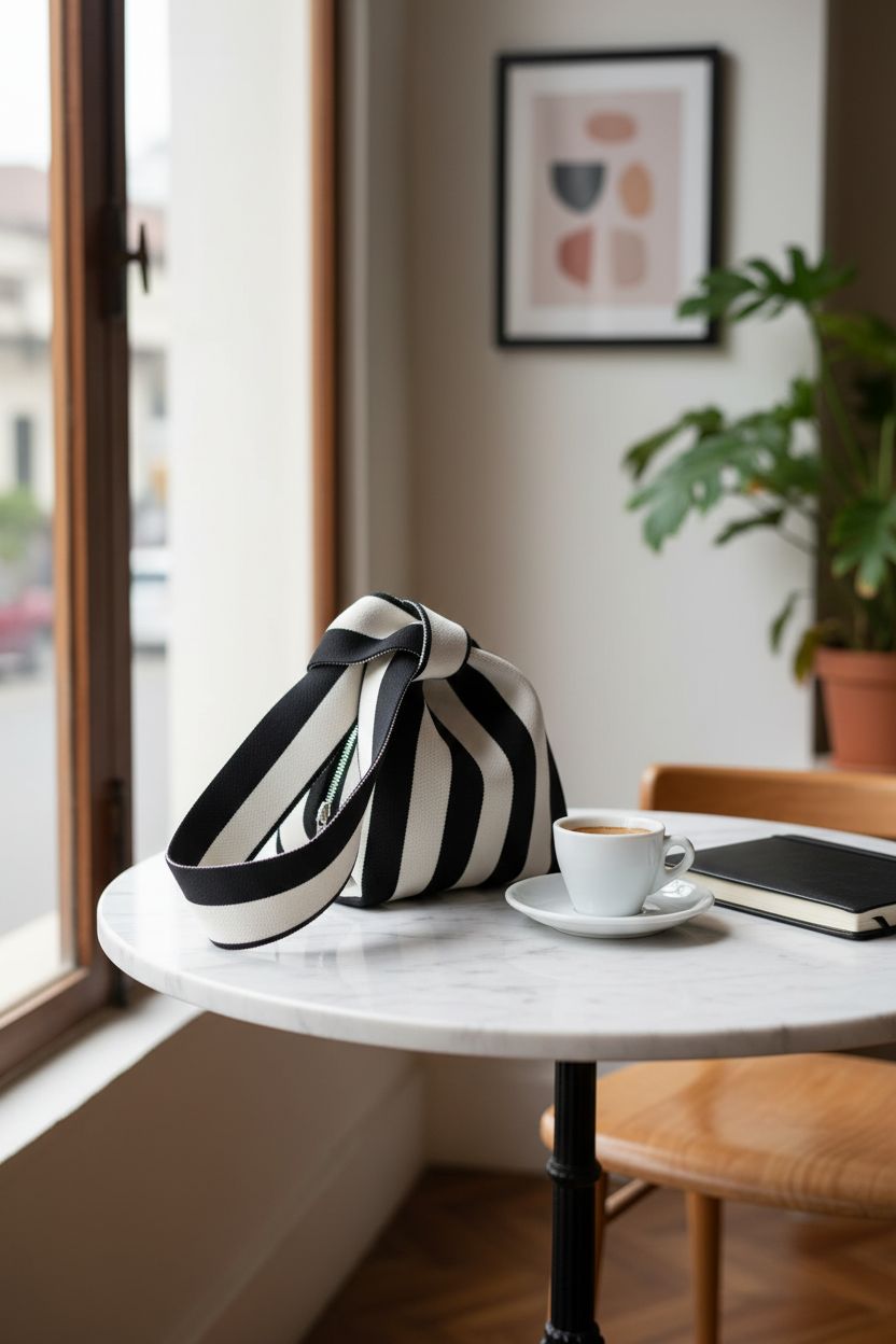 Anopo black and white bag resting on a marble table, evoking a cozy morning vibe.