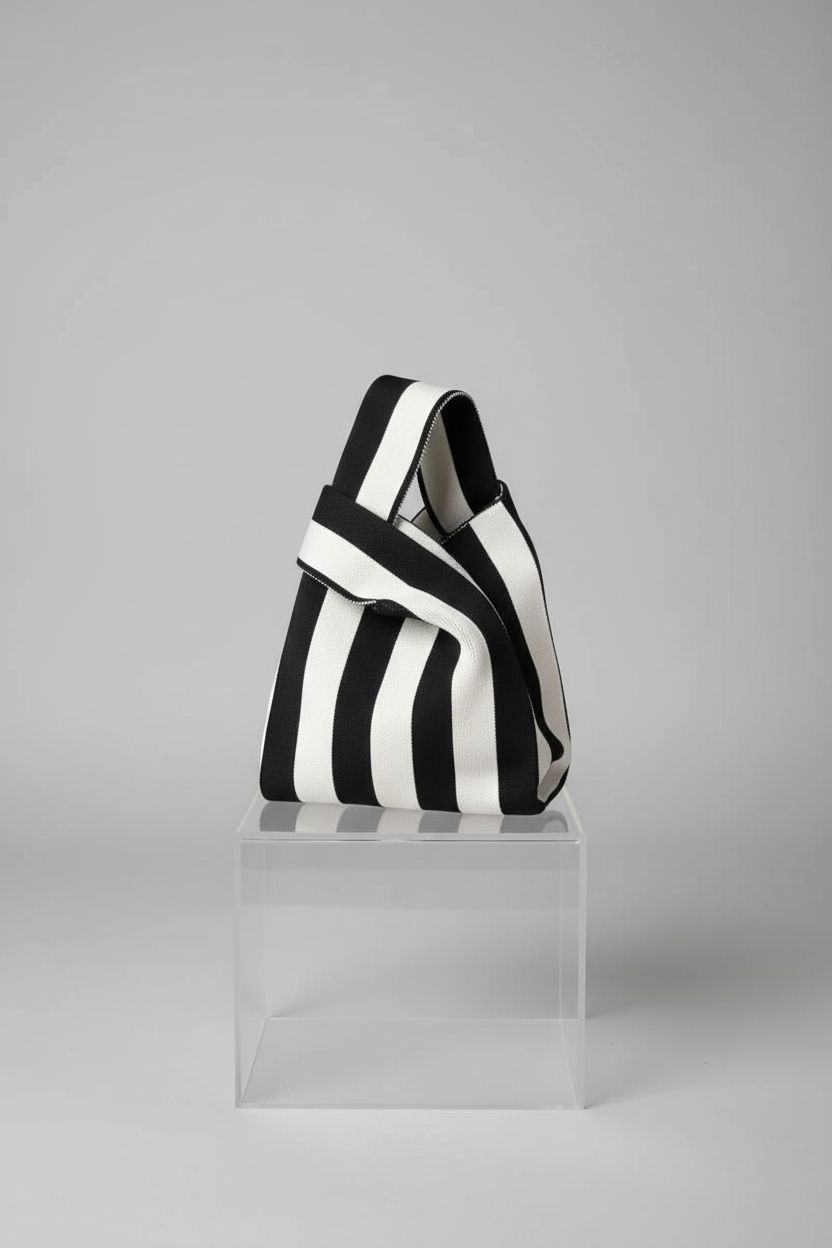 Product showcase of Anopo black and white wristlet bag highlighting its exquisite details.