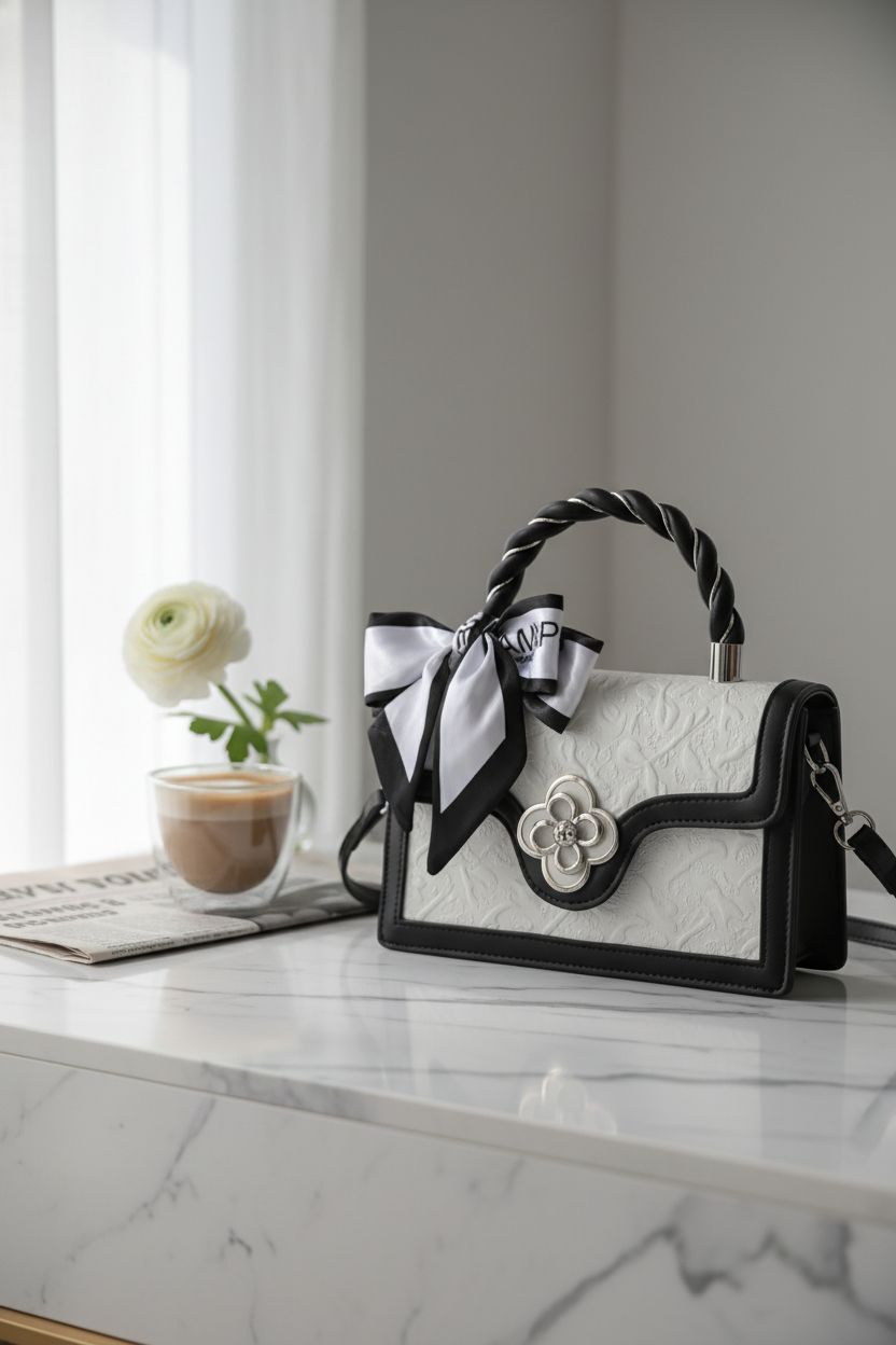Sophisticated black and white purse by Verdusa on marble counter with cappuccino