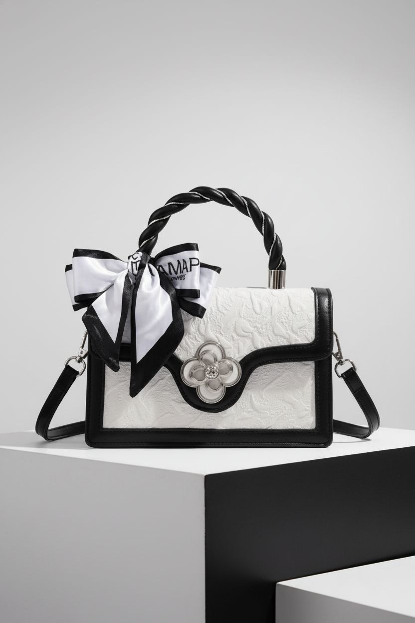 Product shot of Verdusa black and white flap purse showcasing embossed faux leather