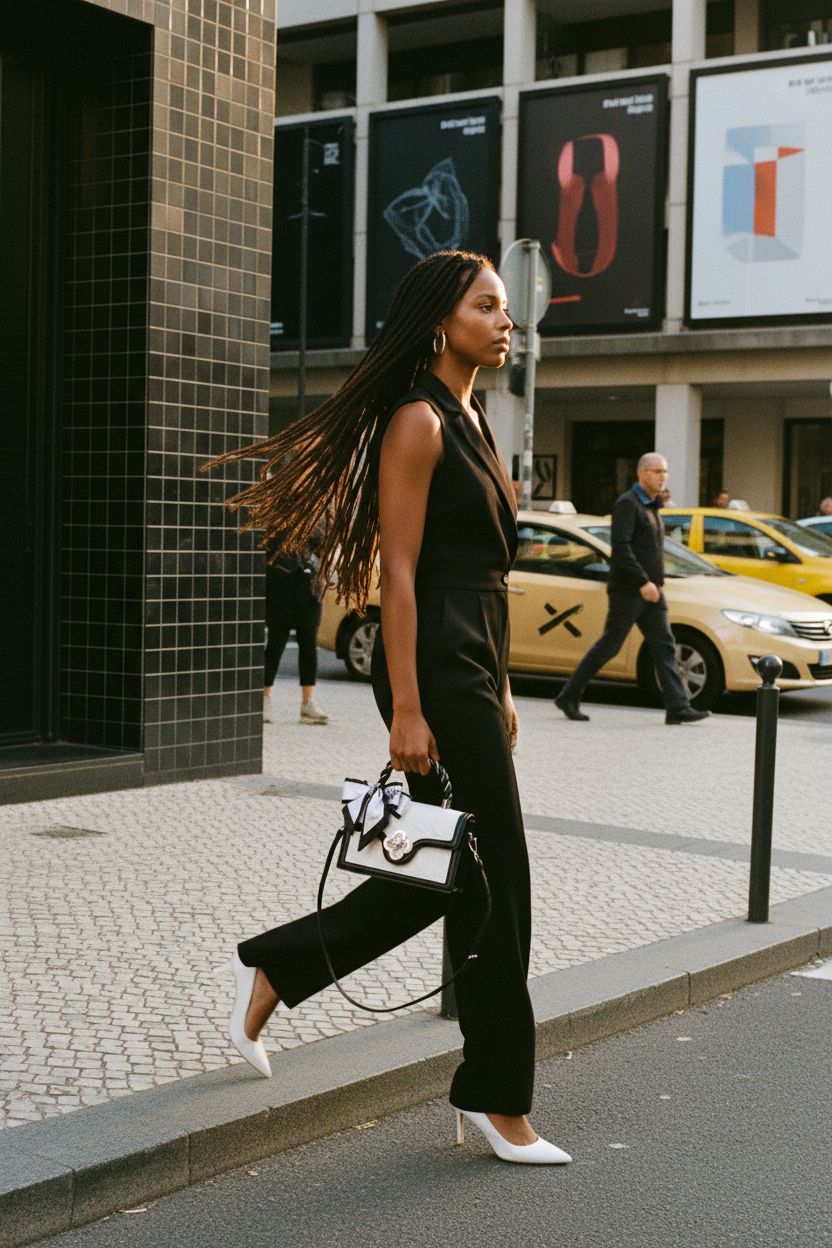 Fashionable black and white color-block purse by Verdusa against modern art backdrop