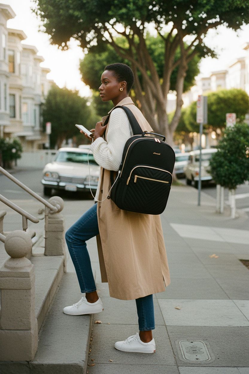 LOVEVOOK black quilted backpack purse worn casually on a tree-lined sidewalk, highlighting its chic look.